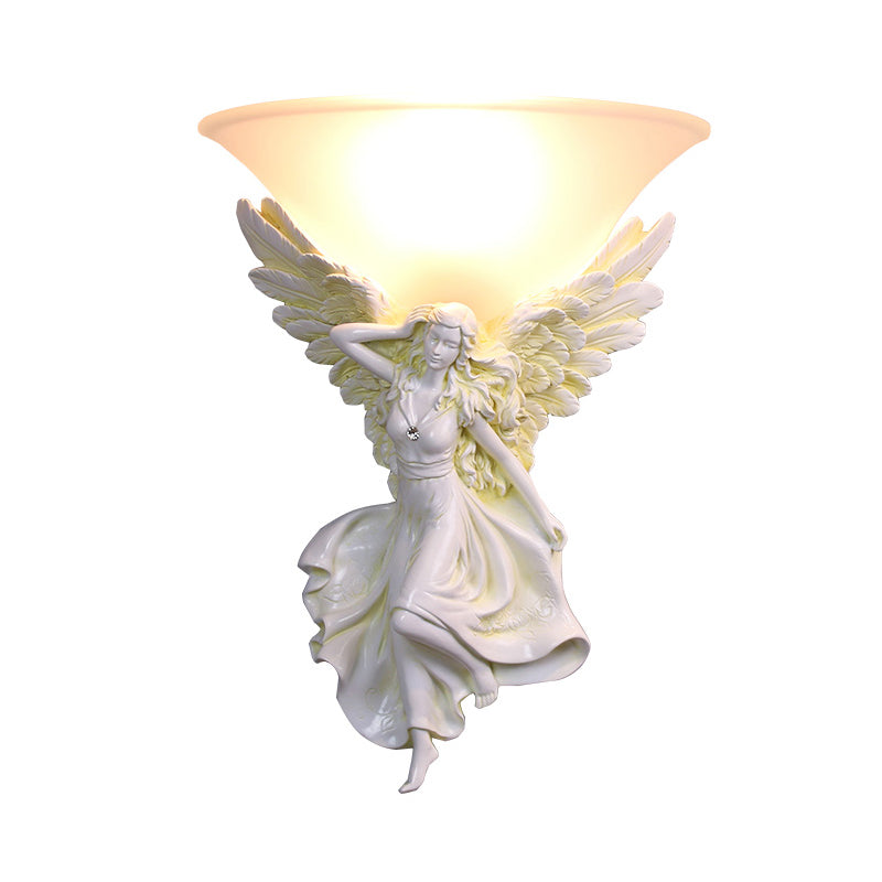 Frosted Glass Bell Shade Wall Lighting Traditional 1 Bulb Corridor Wall Light Sconce with Resin White/Gold Angel Backplate, Right/Left Clearhalo 'Wall Lamps & Sconces' 'Wall Lights' Lighting' 1688431