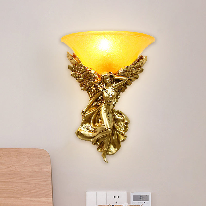 Frosted Glass Bell Shade Wall Lighting Traditional 1 Bulb Corridor Wall Light Sconce with Resin White/Gold Angel Backplate, Right/Left Gold Left Clearhalo 'Wall Lamps & Sconces' 'Wall Lights' Lighting' 1688432