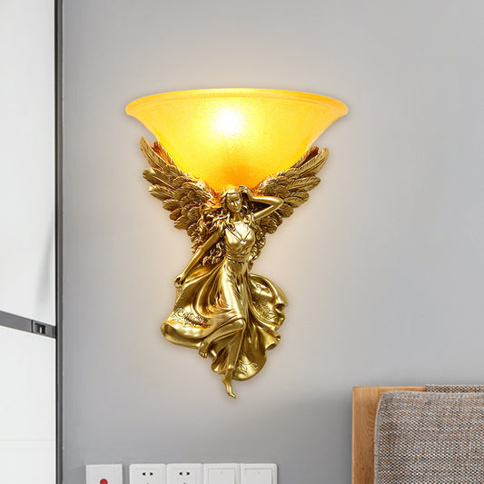 Frosted Glass Bell Shade Wall Lighting Traditional 1 Bulb Corridor Wall Light Sconce with Resin White/Gold Angel Backplate, Right/Left Clearhalo 'Wall Lamps & Sconces' 'Wall Lights' Lighting' 1688434