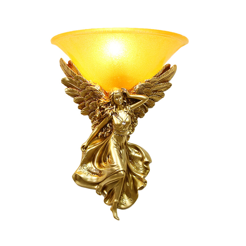Frosted Glass Bell Shade Wall Lighting Traditional 1 Bulb Corridor Wall Light Sconce with Resin White/Gold Angel Backplate, Right/Left Clearhalo 'Wall Lamps & Sconces' 'Wall Lights' Lighting' 1688435