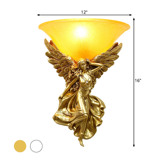 Frosted Glass Bell Shade Wall Lighting Traditional 1 Bulb Corridor Wall Light Sconce with Resin White/Gold Angel Backplate, Right/Left Clearhalo 'Wall Lamps & Sconces' 'Wall Lights' Lighting' 1688436