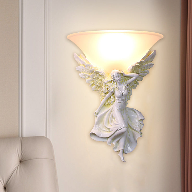 Frosted Glass Bell Shade Wall Lighting Traditional 1 Bulb Corridor Wall Light Sconce with Resin White/Gold Angel Backplate, Right/Left Clearhalo 'Wall Lamps & Sconces' 'Wall Lights' Lighting' 1688439