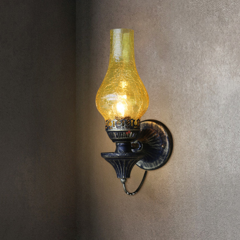 Vase Courtyard Wall Light Fixture Industrial Textured White/Clear/Yellow Crackle Glass 1 Bulb Black Wall Lighting Clearhalo 'Art deco wall lights' 'Cast Iron' 'Glass' 'Industrial wall lights' 'Industrial' 'Middle century wall lights' 'Modern' 'Rustic wall lights' 'Tiffany' 'Traditional wall lights' 'Wall Lamps & Sconces' 'Wall Lights' Lighting' 1688442