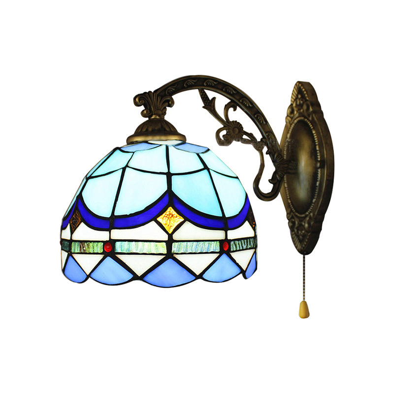 1 Light Dome Wall Lamp with Pull Chain Baroque Style Stained Glass Wall Sconce Light in Sky Blue/Navy Blue Clearhalo 'Industrial' 'Middle century wall lights' 'Tiffany wall lights' 'Tiffany' 'Wall Lamps & Sconces' 'Wall Lights' Lighting' 168853