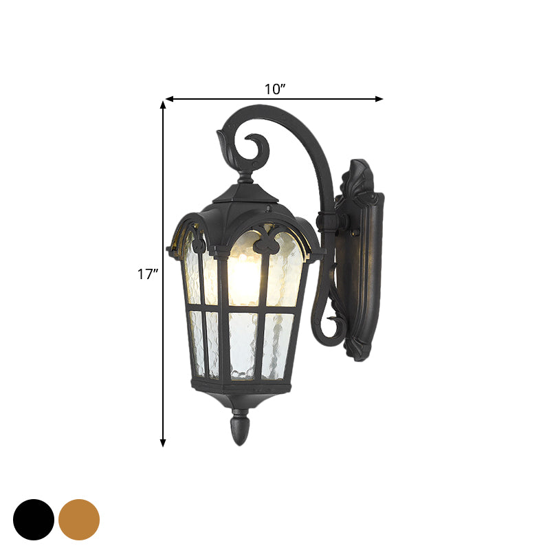 10"/14" W 1 Light Water Glass Wall Lamp Farmhouse Black/Brass Lantern Doorway Wall Lighting with Curvy Arm Clearhalo 'Art deco wall lights' 'Cast Iron' 'Glass' 'Industrial wall lights' 'Industrial' 'Middle century wall lights' 'Modern' 'Rustic wall lights' 'Tiffany' 'Traditional wall lights' 'Wall Lamps & Sconces' 'Wall Lights' Lighting' 1688532