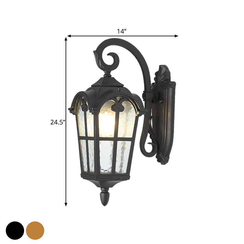 10"/14" W 1 Light Water Glass Wall Lamp Farmhouse Black/Brass Lantern Doorway Wall Lighting with Curvy Arm Clearhalo 'Art deco wall lights' 'Cast Iron' 'Glass' 'Industrial wall lights' 'Industrial' 'Middle century wall lights' 'Modern' 'Rustic wall lights' 'Tiffany' 'Traditional wall lights' 'Wall Lamps & Sconces' 'Wall Lights' Lighting' 1688533