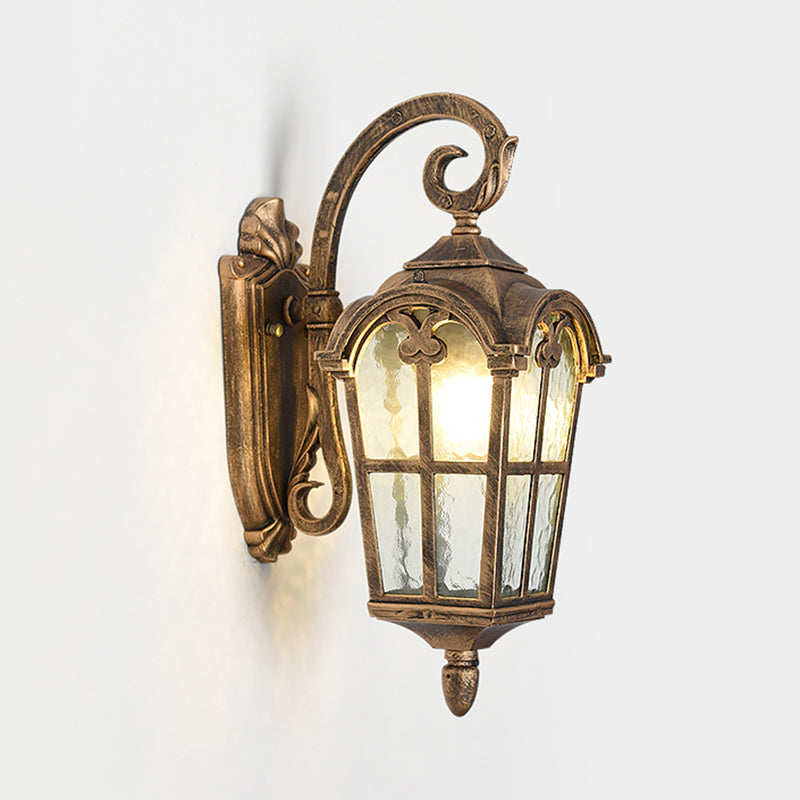 10"/14" W 1 Light Water Glass Wall Lamp Farmhouse Black/Brass Lantern Doorway Wall Lighting with Curvy Arm Clearhalo 'Art deco wall lights' 'Cast Iron' 'Glass' 'Industrial wall lights' 'Industrial' 'Middle century wall lights' 'Modern' 'Rustic wall lights' 'Tiffany' 'Traditional wall lights' 'Wall Lamps & Sconces' 'Wall Lights' Lighting' 1688536