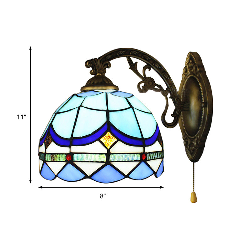 1 Light Dome Wall Lamp with Pull Chain Baroque Style Stained Glass Wall Sconce Light in Sky Blue/Navy Blue Clearhalo 'Industrial' 'Middle century wall lights' 'Tiffany wall lights' 'Tiffany' 'Wall Lamps & Sconces' 'Wall Lights' Lighting' 168854