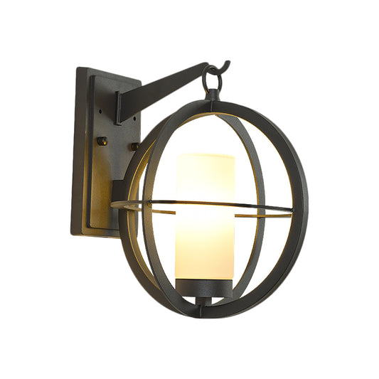 Cylindrical Opaque Glass Wall Lamp Antique 1 Bulb Courtyard Wall Lighting with Spherical Frame in Black Clearhalo 'Art deco wall lights' 'Cast Iron' 'Glass' 'Industrial wall lights' 'Industrial' 'Middle century wall lights' 'Modern' 'Rustic wall lights' 'Tiffany' 'Traditional wall lights' 'Wall Lamps & Sconces' 'Wall Lights' Lighting' 1688544