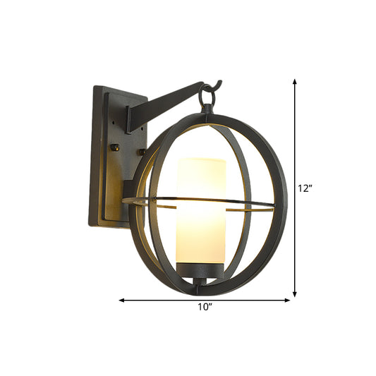 Cylindrical Opaque Glass Wall Lamp Antique 1 Bulb Courtyard Wall Lighting with Spherical Frame in Black Clearhalo 'Art deco wall lights' 'Cast Iron' 'Glass' 'Industrial wall lights' 'Industrial' 'Middle century wall lights' 'Modern' 'Rustic wall lights' 'Tiffany' 'Traditional wall lights' 'Wall Lamps & Sconces' 'Wall Lights' Lighting' 1688545