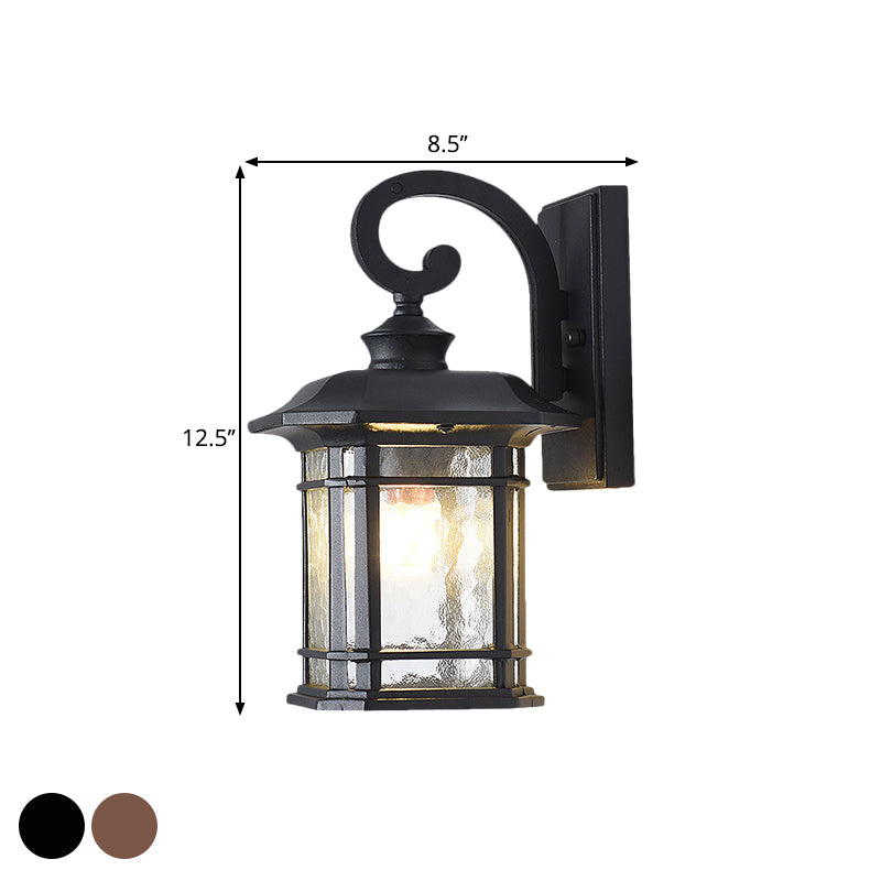 Water Glass Lantern Wall Mount Light Rustic Style 8.5"/10.5" Width 1 Bulb Doorway Wall Lamp in Black/Brass Clearhalo 'Art deco wall lights' 'Cast Iron' 'Glass' 'Industrial wall lights' 'Industrial' 'Middle century wall lights' 'Modern' 'Rustic wall lights' 'Tiffany' 'Traditional wall lights' 'Wall Lamps & Sconces' 'Wall Lights' Lighting' 1688558