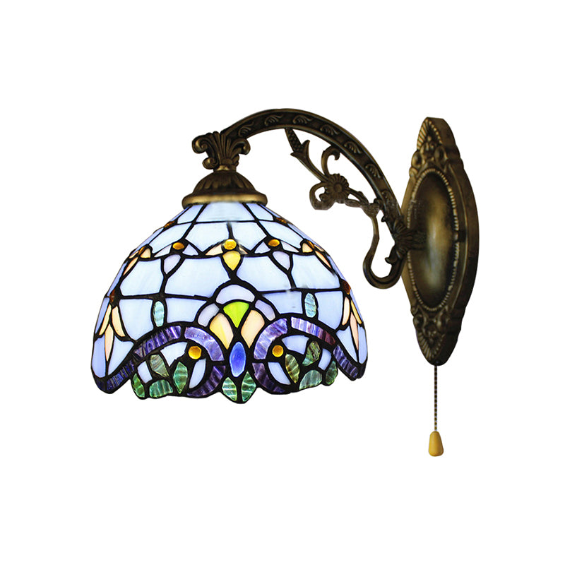 1 Light Dome Wall Lamp with Pull Chain Baroque Style Stained Glass Wall Sconce Light in Sky Blue/Navy Blue Clearhalo 'Industrial' 'Middle century wall lights' 'Tiffany wall lights' 'Tiffany' 'Wall Lamps & Sconces' 'Wall Lights' Lighting' 168856