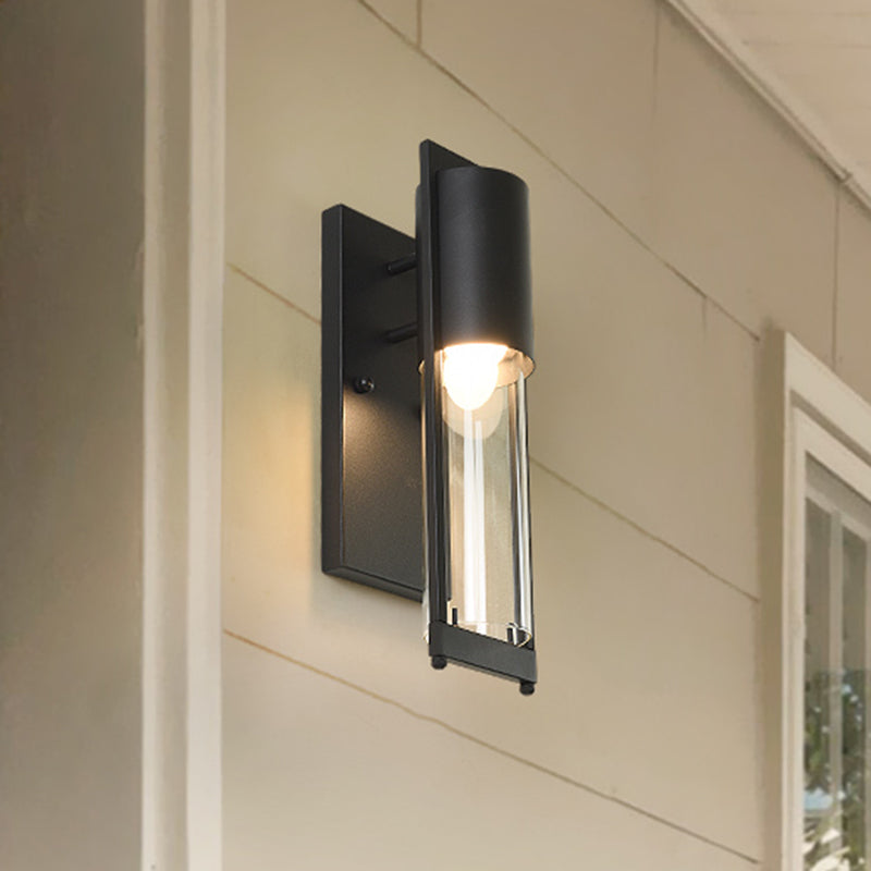 Transparent Glass Black/Brass Wall Lamp Column 1 Head Industrial Flush Mount Wall Sconce Clearhalo 'Cast Iron' 'Glass' 'Industrial wall lights' 'Industrial' 'Middle century wall lights' 'Modern' 'Tiffany' 'Traditional wall lights' 'Wall Lamps & Sconces' 'Wall Lights' Lighting' 1688577