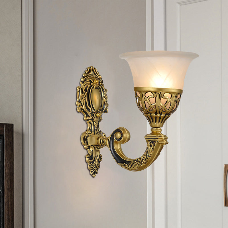 1 Bulb Frosted Glass Sconce Light Fixture Classic Bronze Living Room Wall Mounted Lamp with Carved Backplate Bronze Clearhalo 'Wall Lamps & Sconces' 'Wall Lights' Lighting' 1688603