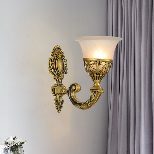 1 Bulb Frosted Glass Sconce Light Fixture Classic Bronze Living Room Wall Mounted Lamp with Carved Backplate Clearhalo 'Wall Lamps & Sconces' 'Wall Lights' Lighting' 1688604