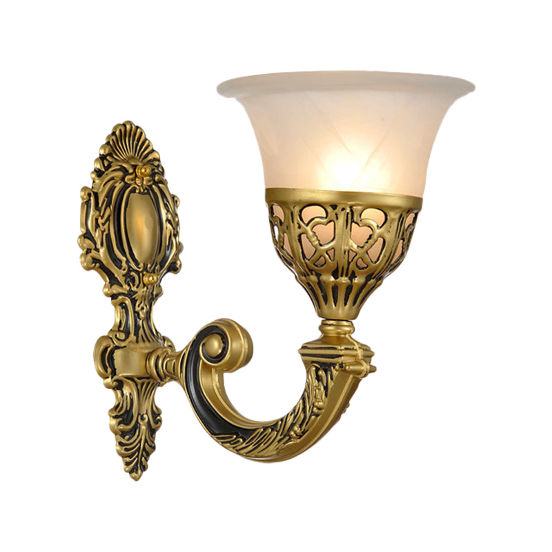 1 Bulb Frosted Glass Sconce Light Fixture Classic Bronze Living Room Wall Mounted Lamp with Carved Backplate Clearhalo 'Wall Lamps & Sconces' 'Wall Lights' Lighting' 1688605