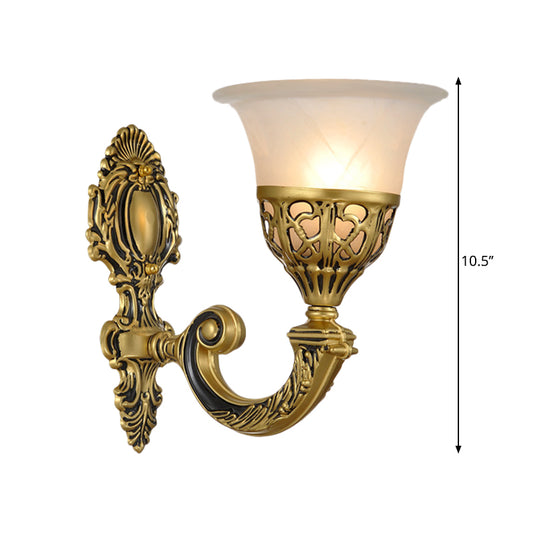 1 Bulb Frosted Glass Sconce Light Fixture Classic Bronze Living Room Wall Mounted Lamp with Carved Backplate Clearhalo 'Wall Lamps & Sconces' 'Wall Lights' Lighting' 1688606
