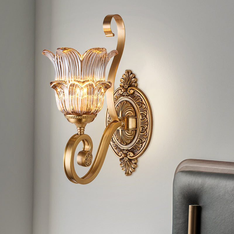 Brass 1/2-Bulb Wall Lighting Fixture Countryside Crystal Glass Flower Wall Light Sconce with Swooping Arm 1.0 Brass Clearhalo 'Wall Lamps & Sconces' 'Wall Lights' Lighting' 1688623