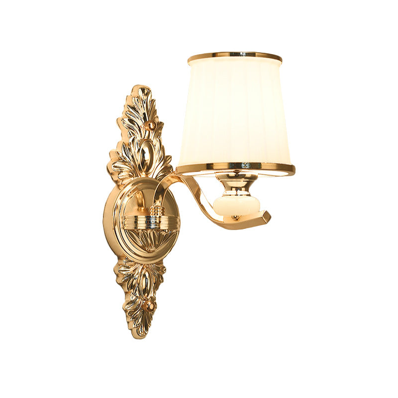 Cone Bedroom Wall Light Fixture Traditional White Glass 1/2-Bulb Chrome/Gold Finish Wall Sconce with Carved Backplate Clearhalo 'Wall Lamps & Sconces' 'Wall Lights' Lighting' 1688638