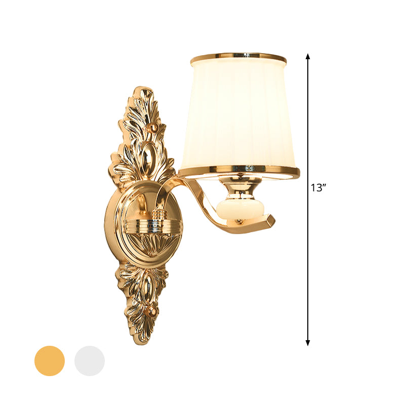 Cone Bedroom Wall Light Fixture Traditional White Glass 1/2-Bulb Chrome/Gold Finish Wall Sconce with Carved Backplate Clearhalo 'Wall Lamps & Sconces' 'Wall Lights' Lighting' 1688639