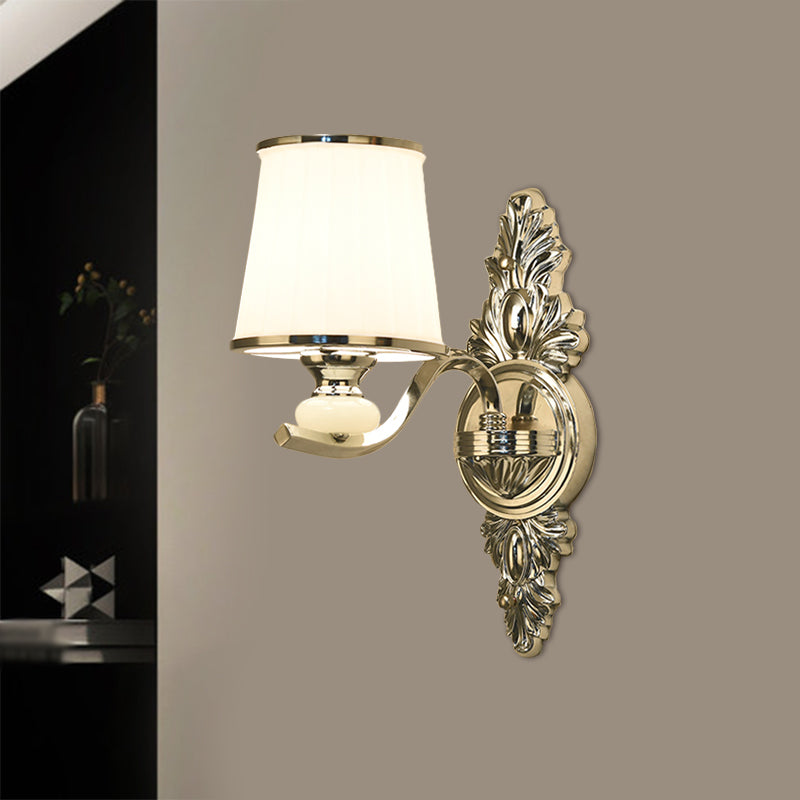 Cone Bedroom Wall Light Fixture Traditional White Glass 1/2-Bulb Chrome/Gold Finish Wall Sconce with Carved Backplate Clearhalo 'Wall Lamps & Sconces' 'Wall Lights' Lighting' 1688642