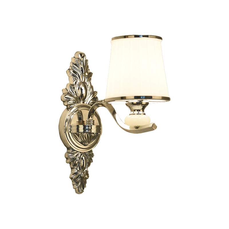 Cone Bedroom Wall Light Fixture Traditional White Glass 1/2-Bulb Chrome/Gold Finish Wall Sconce with Carved Backplate Clearhalo 'Wall Lamps & Sconces' 'Wall Lights' Lighting' 1688643