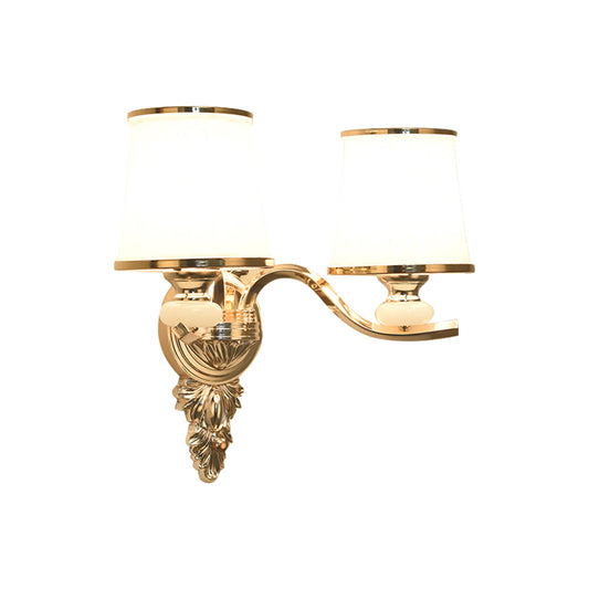 Cone Bedroom Wall Light Fixture Traditional White Glass 1/2-Bulb Chrome/Gold Finish Wall Sconce with Carved Backplate Clearhalo 'Wall Lamps & Sconces' 'Wall Lights' Lighting' 1688647