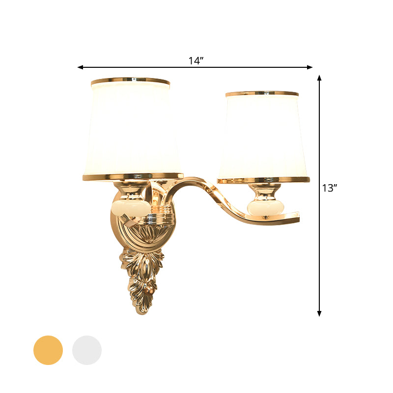 Cone Bedroom Wall Light Fixture Traditional White Glass 1/2-Bulb Chrome/Gold Finish Wall Sconce with Carved Backplate Clearhalo 'Wall Lamps & Sconces' 'Wall Lights' Lighting' 1688648