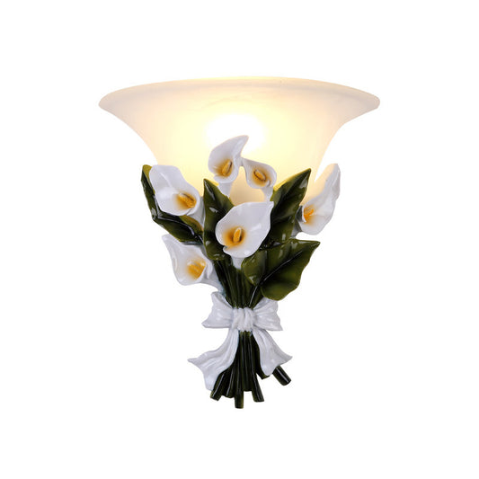 Classic Flower Wall Light Fixture 1 Bulb Resin Flush Mount Wall Sconce with Bell White Glass Shade Clearhalo 'Wall Lamps & Sconces' 'Wall Lights' Lighting' 1688659