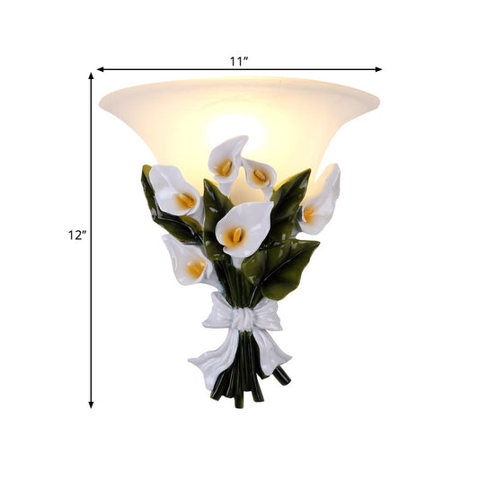 Classic Flower Wall Light Fixture 1 Bulb Resin Flush Mount Wall Sconce with Bell White Glass Shade Clearhalo 'Wall Lamps & Sconces' 'Wall Lights' Lighting' 1688660