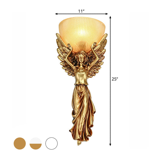 Half Shade Living Room Wall Lamp Traditional Frosted Ribbed Glass 1 Head White/Gold/White and Gold Wall Mounted Lighting Clearhalo 'Wall Lamps & Sconces' 'Wall Lights' Lighting' 1688664