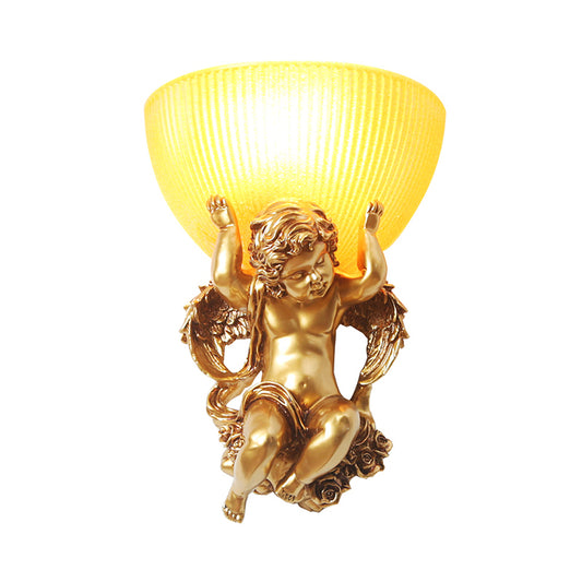 Resin White/Gold Wall Lighting Fixture Angel 1-Head Countryside Wall Light Sconce with Half-Bowl Frosted Ribbed Glass Shade Clearhalo 'Wall Lamps & Sconces' 'Wall Lights' Lighting' 1688675