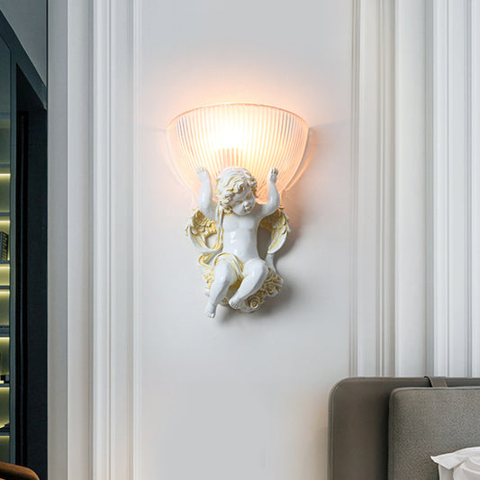 Resin White/Gold Wall Lighting Fixture Angel 1-Head Countryside Wall Light Sconce with Half-Bowl Frosted Ribbed Glass Shade Clearhalo 'Wall Lamps & Sconces' 'Wall Lights' Lighting' 1688678