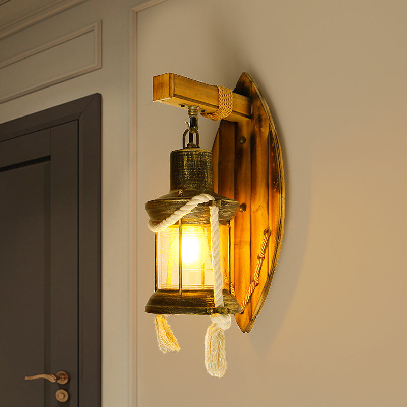 Single Bulb Wall Light Sconce Rural Style Lantern Clear Glass Wall Mounted Lamp in Antique Bronze Antique Bronze Clearhalo 'Industrial wall lights' 'Industrial' 'Middle century wall lights' 'Rustic wall lights' 'Tiffany' 'Wall Lamps & Sconces' 'Wall Lights' Lighting' 1688695