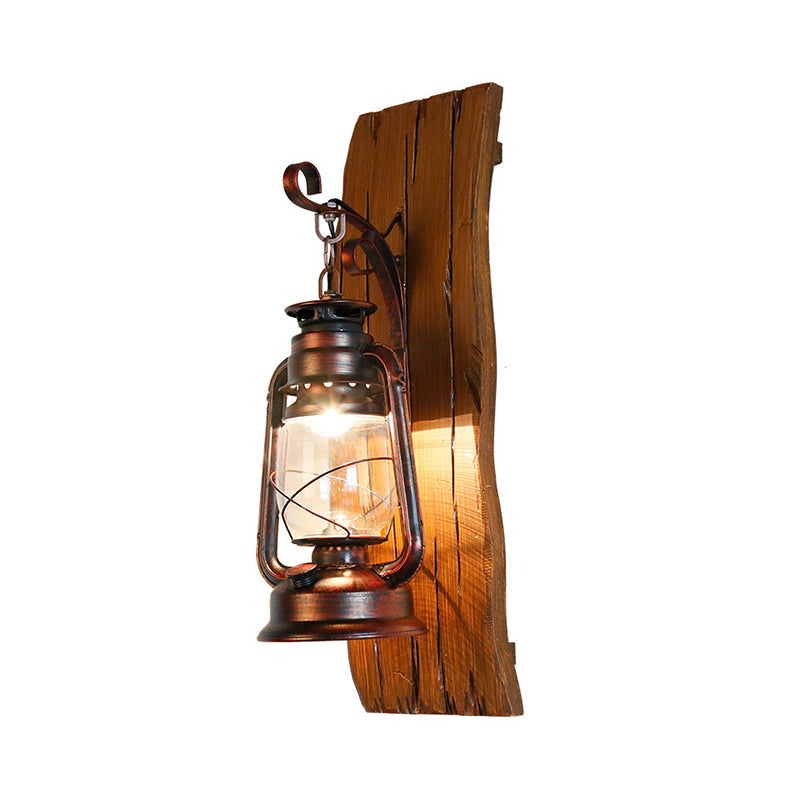 Brown Kerosene Lamp Wall Sconce Antique Clear Glass 1-Head Lodge Wall Light with Wood Backplate Clearhalo 'Industrial wall lights' 'Industrial' 'Middle century wall lights' 'Rustic wall lights' 'Tiffany' 'Wall Lamps & Sconces' 'Wall Lights' Lighting' 1688701