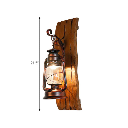 Brown Kerosene Lamp Wall Sconce Antique Clear Glass 1-Head Lodge Wall Light with Wood Backplate Clearhalo 'Industrial wall lights' 'Industrial' 'Middle century wall lights' 'Rustic wall lights' 'Tiffany' 'Wall Lamps & Sconces' 'Wall Lights' Lighting' 1688702