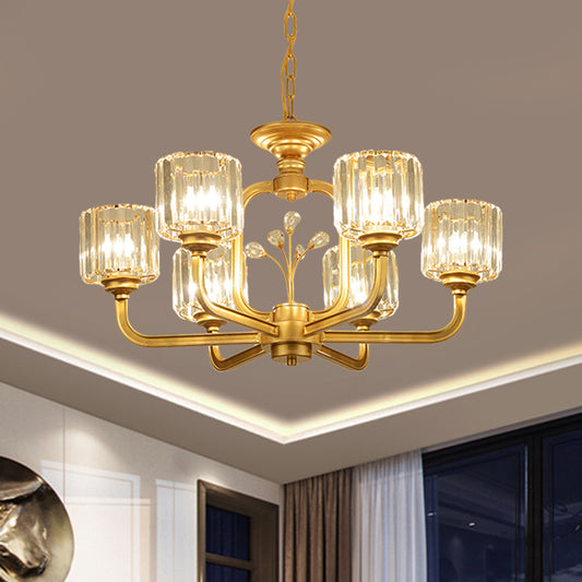 6/8-Bulb Living Room Chandelier Simple Black/Gold Suspension Lighting with Cylindrical Crystal Prisms Shade 6 Gold Clearhalo 'Ceiling Lights' 'Chandeliers' 'Modern Chandeliers' 'Modern' Lighting' 1688703