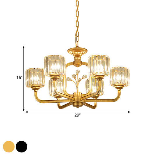 6/8-Bulb Living Room Chandelier Simple Black/Gold Suspension Lighting with Cylindrical Crystal Prisms Shade Clearhalo 'Ceiling Lights' 'Chandeliers' 'Modern Chandeliers' 'Modern' Lighting' 1688706