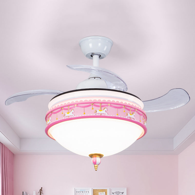 39" W Dome Bedroom Semi Flush Light Metallic LED Cartoon Hanging Fan Lamp in Pink, 3-Blade Pink Clearhalo 'Ceiling Fans with Lights' 'Ceiling Fans' 'Kids Ceiling Fans' 'Kids' Lighting' 1688724