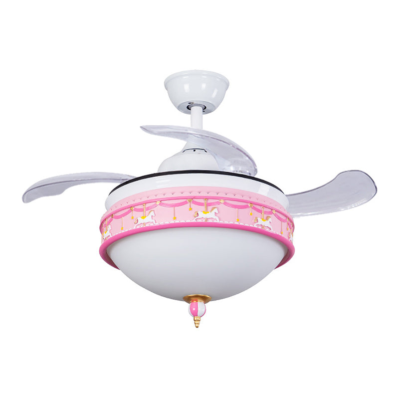 39" W Dome Bedroom Semi Flush Light Metallic LED Cartoon Hanging Fan Lamp in Pink, 3-Blade Clearhalo 'Ceiling Fans with Lights' 'Ceiling Fans' 'Kids Ceiling Fans' 'Kids' Lighting' 1688726