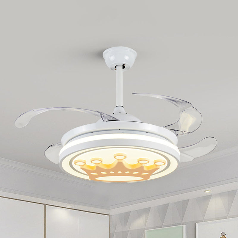 4-Blade Metallic Crown Semi Flush Light Cartoon LED White Hanging Fan Lamp, 42.5" Width White Clearhalo 'Ceiling Fans with Lights' 'Ceiling Fans' 'Kids Ceiling Fans' 'Kids' Lighting' 1688728