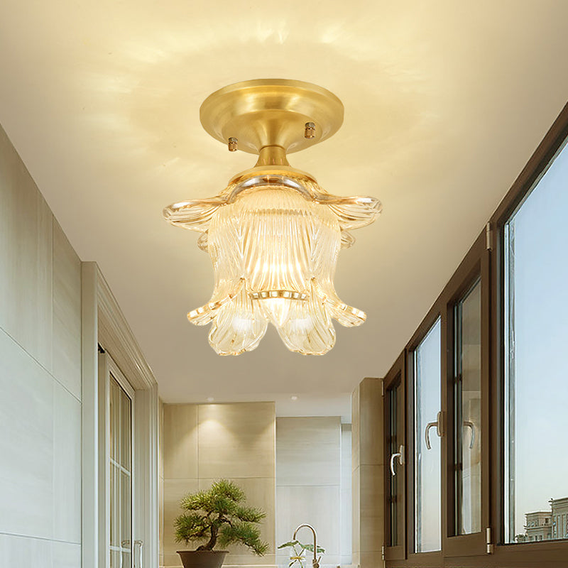 Classic Blossom Semi Flush 1-Bulb Clear Ribbed Glass Ceiling Mounted Fixture in Gold Gold Clearhalo 'Ceiling Lights' 'Close To Ceiling Lights' 'Close to ceiling' 'Glass shade' 'Glass' 'Semi-flushmount' Lighting' 1688782