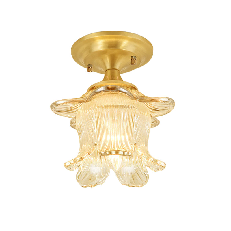 Classic Blossom Semi Flush 1-Bulb Clear Ribbed Glass Ceiling Mounted Fixture in Gold - Clearhalo - 'Ceiling Lights' - 'Close To Ceiling Lights' - 'Close to ceiling' - 'Glass shade' - 'Glass' - 'Semi-flushmount' - Lighting' - 1688784