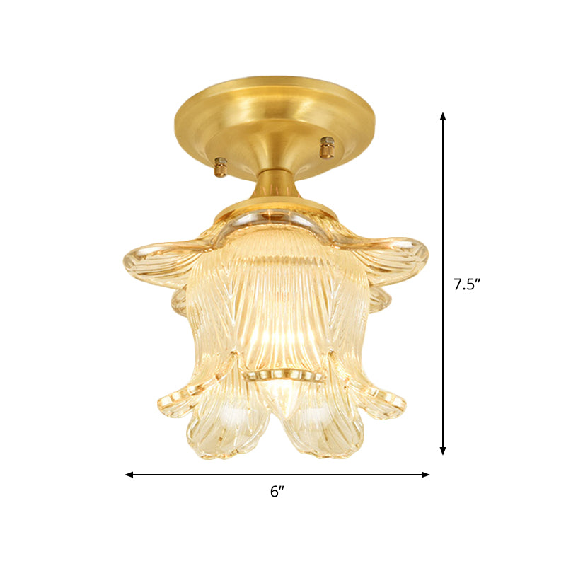 Classic Blossom Semi Flush 1-Bulb Clear Ribbed Glass Ceiling Mounted Fixture in Gold - Clearhalo - 'Ceiling Lights' - 'Close To Ceiling Lights' - 'Close to ceiling' - 'Glass shade' - 'Glass' - 'Semi-flushmount' - Lighting' - 1688785