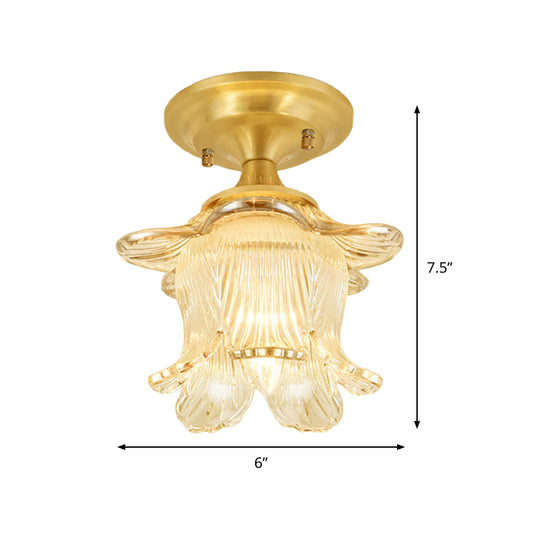 Classic Blossom Semi Flush 1-Bulb Clear Ribbed Glass Ceiling Mounted Fixture in Gold Clearhalo 'Ceiling Lights' 'Close To Ceiling Lights' 'Close to ceiling' 'Glass shade' 'Glass' 'Semi-flushmount' Lighting' 1688785