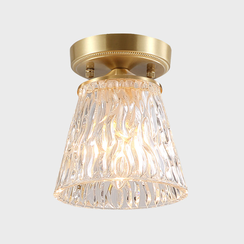 Brass 1-Light Semi Flush Mount Traditional Clear Ripple/Fluted Glass Cone/Flower Ceiling Flush for Living Room Clearhalo 'Ceiling Lights' 'Chandeliers' 'Close To Ceiling Lights' 'Close to ceiling' 'Glass shade' 'Glass' 'Pendant Lights' 'Semi-flushmount' Lighting' 1688787