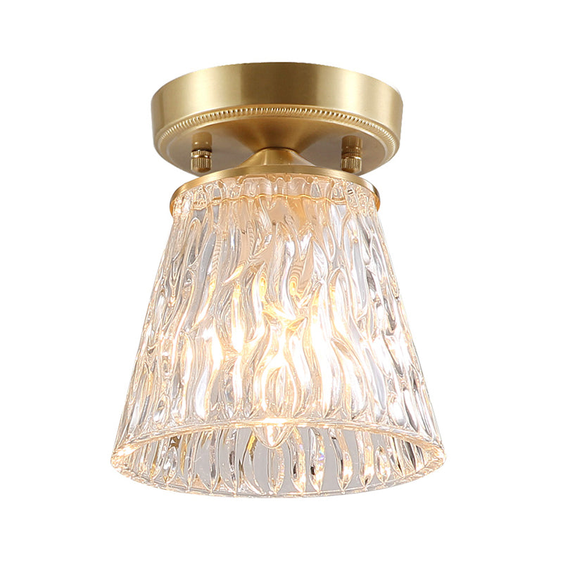 Brass 1-Light Semi Flush Mount Traditional Clear Ripple/Fluted Glass Cone/Flower Ceiling Flush for Living Room Clearhalo 'Ceiling Lights' 'Chandeliers' 'Close To Ceiling Lights' 'Close to ceiling' 'Glass shade' 'Glass' 'Pendant Lights' 'Semi-flushmount' Lighting' 1688788