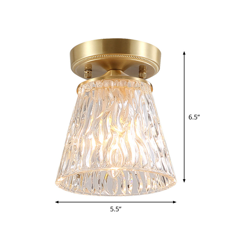 Brass 1-Light Semi Flush Mount Traditional Clear Ripple/Fluted Glass Cone/Flower Ceiling Flush for Living Room Clearhalo 'Ceiling Lights' 'Chandeliers' 'Close To Ceiling Lights' 'Close to ceiling' 'Glass shade' 'Glass' 'Pendant Lights' 'Semi-flushmount' Lighting' 1688789