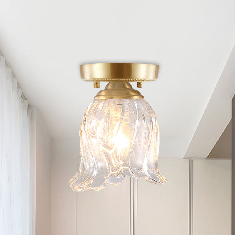Brass 1-Light Semi Flush Mount Traditional Clear Ripple/Fluted Glass Cone/Flower Ceiling Flush for Living Room Clearhalo 'Ceiling Lights' 'Chandeliers' 'Close To Ceiling Lights' 'Close to ceiling' 'Glass shade' 'Glass' 'Pendant Lights' 'Semi-flushmount' Lighting' 1688791