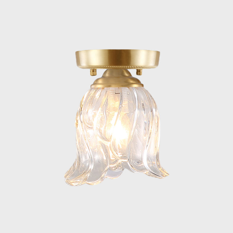 Brass 1-Light Semi Flush Mount Traditional Clear Ripple/Fluted Glass Cone/Flower Ceiling Flush for Living Room Clearhalo 'Ceiling Lights' 'Chandeliers' 'Close To Ceiling Lights' 'Close to ceiling' 'Glass shade' 'Glass' 'Pendant Lights' 'Semi-flushmount' Lighting' 1688792